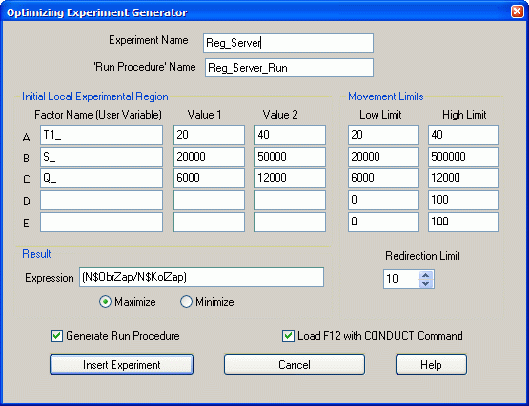 Диалоговое окно Optimizing Experiment Generator (Генератор оптимизирующего эксперимента)