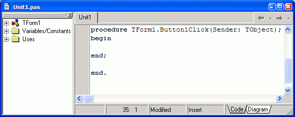 Окно редактора кода с макетом процедуры обработки события, происходящего на кнопке Button1 (ВВОД)