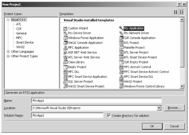Окно нового проекта в среде Microsoft Visual Studio с шаблонами RTX-приложений
