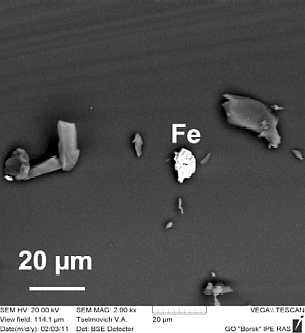 Микрочастицы металлов из нижегородского тектита: а) чешуйчатый самородный Ni; б) чешуйчатое самородное Fe, в) интреметаллид CuCrZn